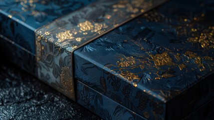 Elegant Dark Blue Gift Box with Gold Satin Ribbon Close-Up on Dark Background - Luxury Birthday Present with Copy Space