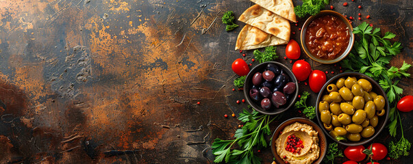 Obraz na płótnie Canvas Mediterranean mezze platter with olives, hummus, and pita bread on a textured stone surface with an earthy brown background Top view space to copy.