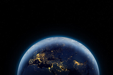Earth planet in the night in outer space with city lights on it.  Elements of this image furnished...