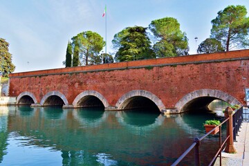 view of the Voltoni Bridge in the town of Peschiera del Garda in Verona, Italy