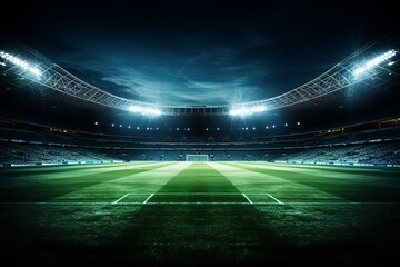 Fototapeta na wymiar Green field in soccer or football stadium at night empty playground, 3d rendering