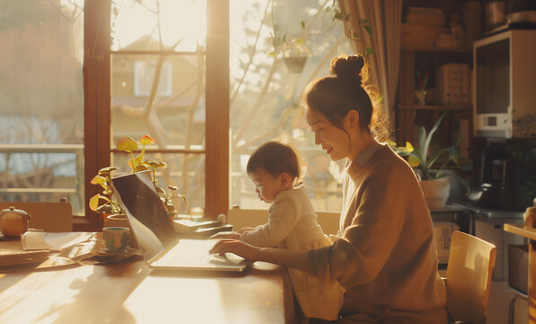  Beautiful cute scene of mom and kid uniting. Mother with daughter working on laptop playing doing quarterly account report. Maternity or Parental leave, Tax time concept image