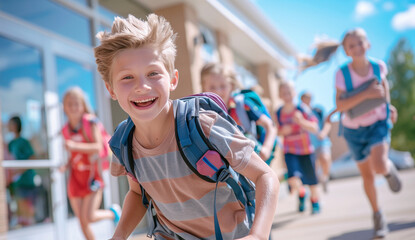 Beautiful portrait caucasian boy kid with school bag laughing at camera when group of pupils running out school on the last studying day before holidays. People's emotions and education concept image