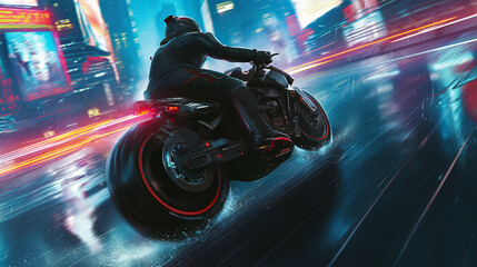 Action shot with man riding a bike in futuristic cyberpunk city. Dynamic scene with motorcycle ride in action movie blockbuster style. - obrazy, fototapety, plakaty