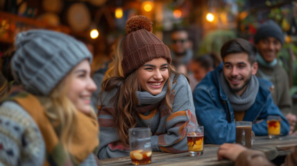 a diverse group of young people enjoying fun moments among friends having a drink on an outdoor terrace in winter at sunset