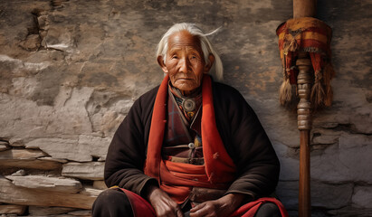 Old woman next wall. Portrait of beautiful aged old Tibetan woman with sun and wind traces on skin, deep wrinkles, kind eyes gazing at camera. Wrinkled Face Reflecting Stories of Endurance and Wisdom