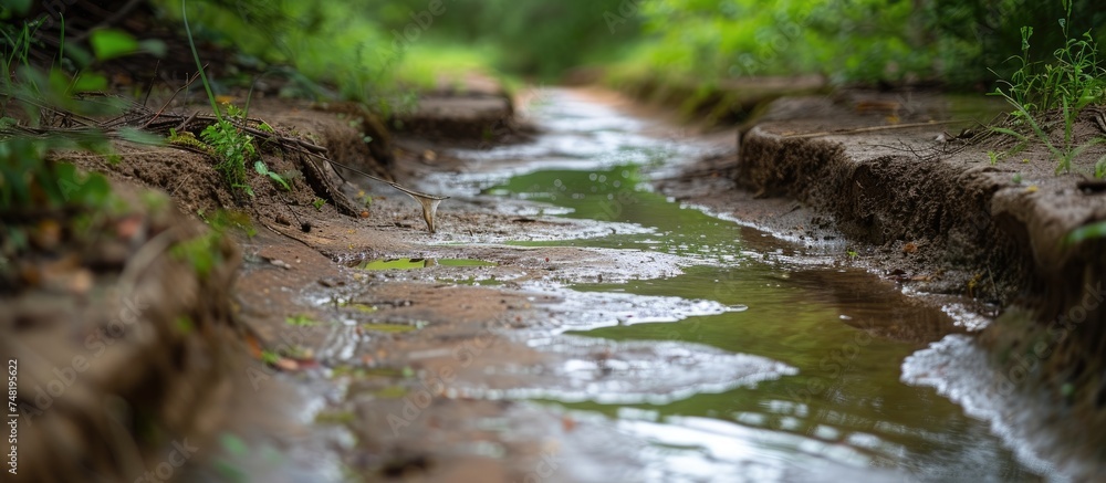 Poster a stream of water runs through a dense, vibrant forest, creating a soothing pattern in the ancient c