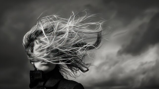 Windblown mishap: Disheveled hair caught in face during blustery moment