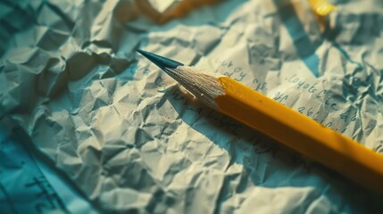 Close-Up Pencil on Crumpled Note Paper Texture Background for Creative Workspace Organization and Writing Supplies Composition