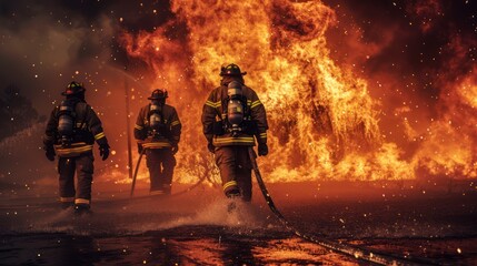 Courageous firefighters demonstrate teamwork and unity in battling a blazing inferno with determination and strength