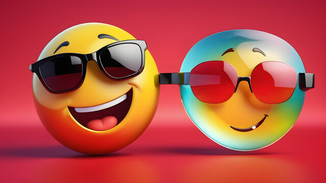 smiley face. a summer emoji on a red background. cool glass cartoon emoji. hot summer emoji. smile icon
