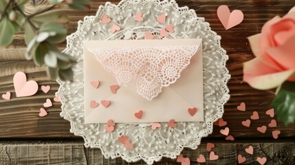 Romantic Love Letter Envelope with Paper Craft Hearts on Vintage Lace Doily for Valentine's Day or Wedding Theme Decoration