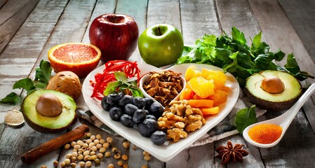  Healthy food in heart and cholesterol diet concept on vintage boards