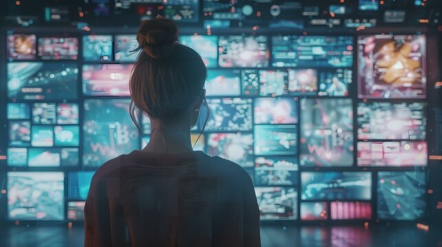 Back view of a caucasian woman entering 3D cyberspace. Animated social media interfaces, and internet content. A female enthusiast visualizes internet content.