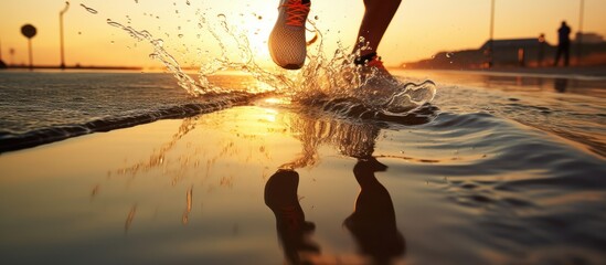 runner's feet splashing water