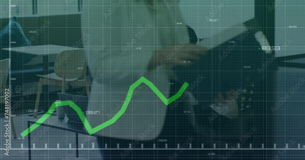 Aufkleber animation of financial data processing over diverse colleagues discussing work in office