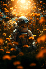 Obraz premium Astronaut Amidst Wildflowers, Earthly Contemplation created with Generative AI technology