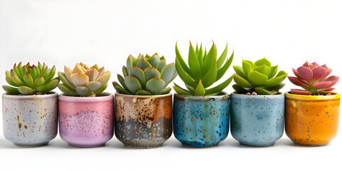 Beautiful succulent plants in pots on white background Collection of succulent plants in different colorful pots. Potted house plants .