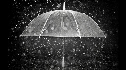 White umbrella with falling snow on dark background. 