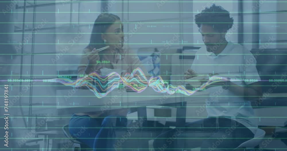 Poster animation of financial data processing over diverse colleagues discussing work in office