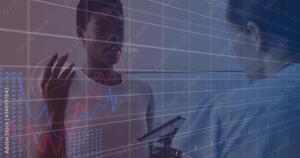Aufkleber animation of financial data processing over diverse colleagues discussing work in office