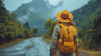 Woman hiker enjoy the view on mountain peak. generative ai art