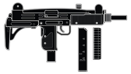 Vector illustration of the UZI israel machine gun with folded stock and equipment such as a magazine and cartridges on the white background. Black. Right side.