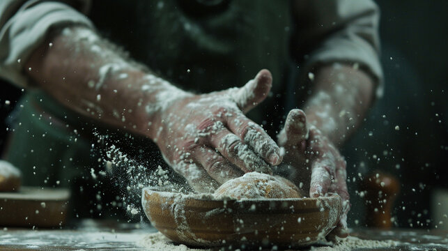 Close-up of male hands kneading dough on wooden table.