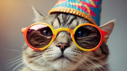 Naklejka premium Funny party cat wearing colorful summer hat and stylish sunglasses