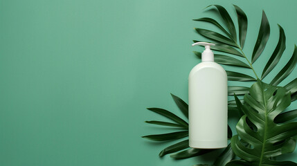 White cosmetic bottle with palm leaves on a green background. Mock-up