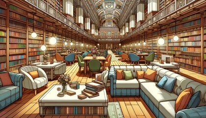 Vector illustration of a classic library interior with detailed architecture and cozy reading spaces - obrazy, fototapety, plakaty