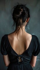 Naklejka premium Backview on upper body of a young brunette girl with hair bun wearing black dress with open back on neutral grey background in studio shot