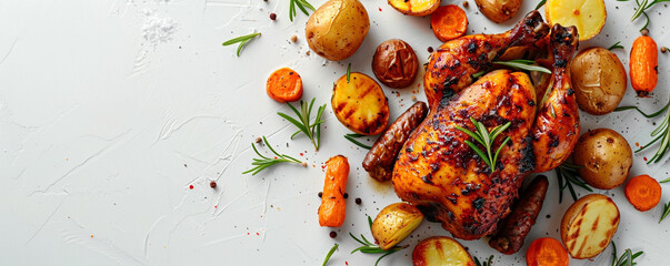 Roasted chicken with potatoes, carrots and rosemary on white background Top view space to copy.