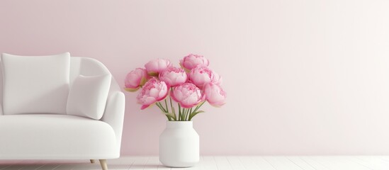 A white couch is seen next to a vase filled with beautiful pink peonies. The contrast between the white fabric and the vibrant flowers creates a striking visual composition.