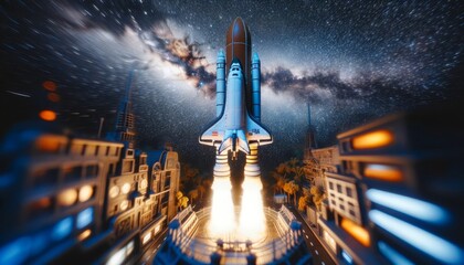 Digital rendering of a space shuttle launching over an urban landscape with a starry sky background for sci-fi and futuristic designs - obrazy, fototapety, plakaty