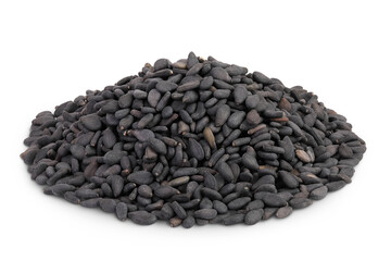 black sesame seeds isolated on white background with full depth of field