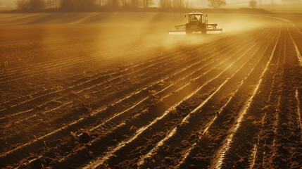 A harrow machine moving across a perfectly leveled field its sharp teeth gently breaking up the soil and preparing it for planting. The sunlight glinting off the metal surface