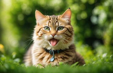 Naklejka na ściany i meble Funny cat expression with backdrop of a green garden