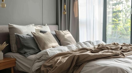 Fototapeta na wymiar Luxurious Linen Bedding in Modern Bedroom
