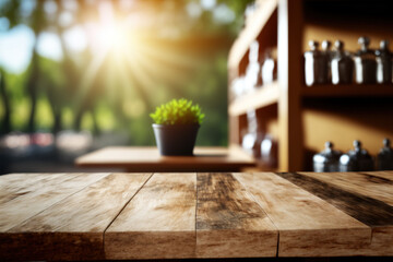 Wooden table blurred background of restaurant of cafe with bokeh. Flawless generative ai