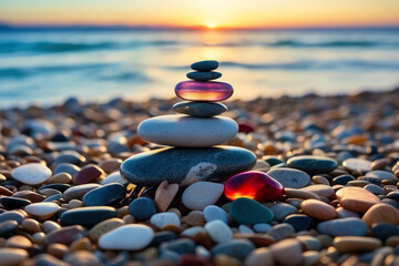 A pyramid of pebbles of different colors and textures against the backdrop of the sea and sunset, amber. Meditation and balance concept, zen, sea sand.