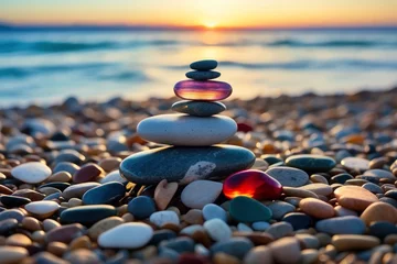 Deurstickers A pyramid of pebbles of different colors and textures against the backdrop of the sea and sunset, amber. Meditation and balance concept, zen, sea sand. © TulenMalen