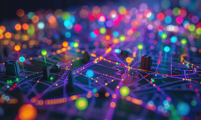 A road map with a prominent neon glowing pin markers - obrazy, fototapety, plakaty
