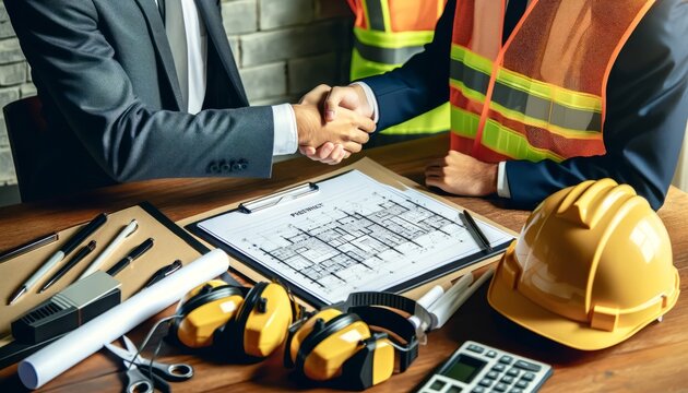 A close-up photo of a professional handshake over construction plans with work gear around