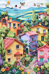 Peaceful pretty Spanish village, hygge, papercraft, paper quilling of a beautiful houses and garden with butterflies  - 748200421