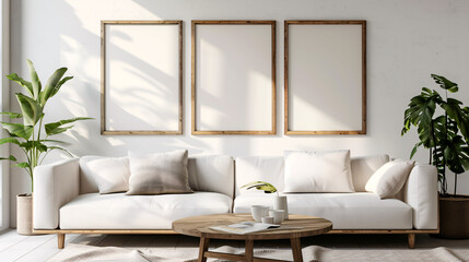 3 photo frames in a modern living room with sofa mockup, wooden frame mock up