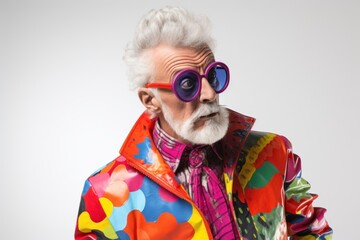 creative man in strange clothes on a white background