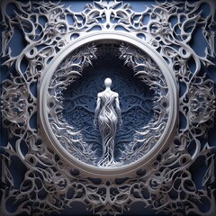 A man is in an elaborate frame surrounding a scene, in the style of intricate minimalism