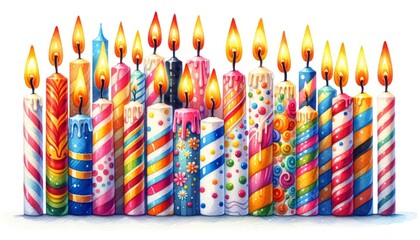 Watercolor illustration of brightly colored birthday candles alight