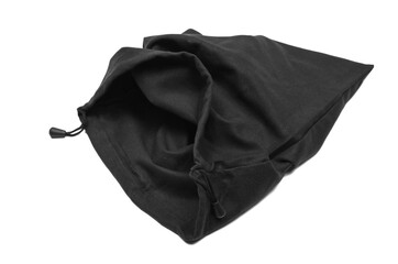 Open blank black luxury drawstring pouch isolated on white